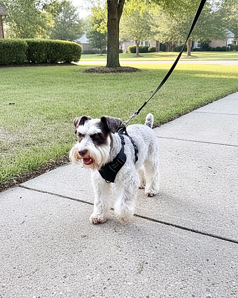 A dog out for a leashed neighborhood walk